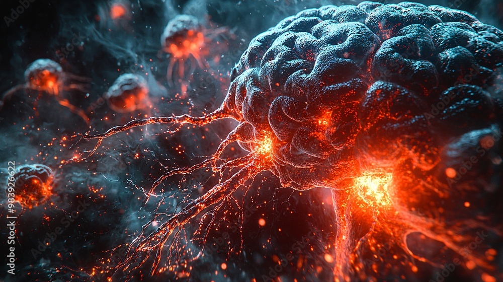 A futuristic brain visualization showing the immune response to MS, with immune cells attacking neurons and causing damage A futuristic brain visualization showing the immune response to MS, with immune cells attacking neurons and causing damage
