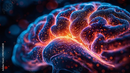 A futuristic depiction of a brain scan showing the initial and advanced stages of MS, using color gradients to represent damage