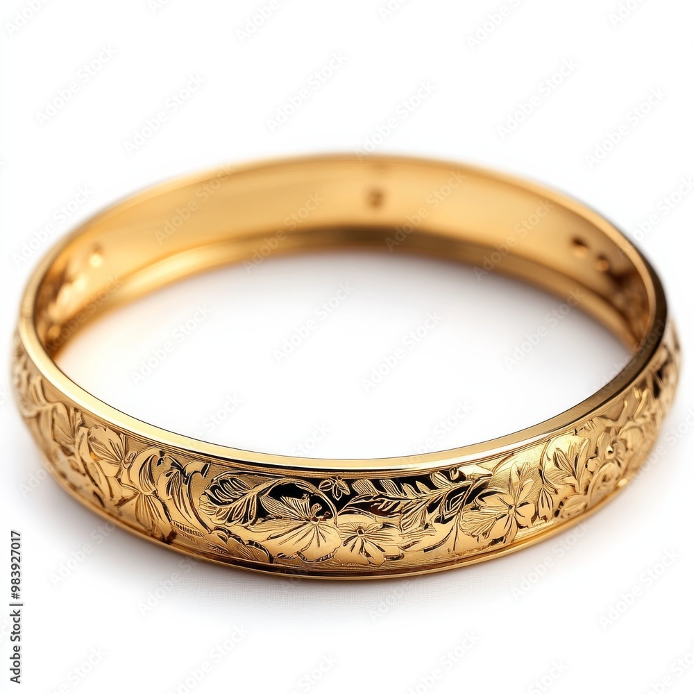 A gold bracelet with detailed engravings, isolated on a white background A gold bracelet with detailed engravings, isolated on a white background