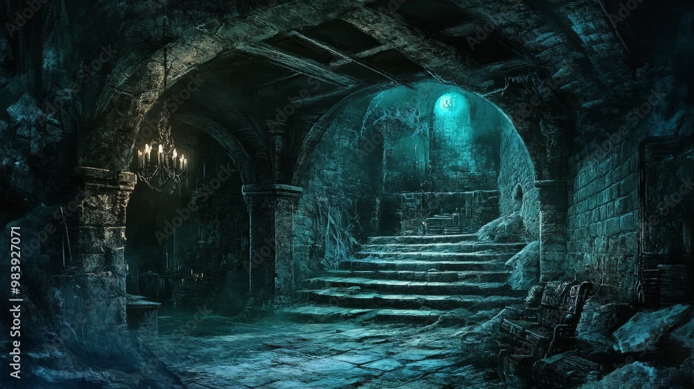 Dark and mysterious stone staircase in a gothic castle. Dark and mysterious stone staircase in a gothic castle.