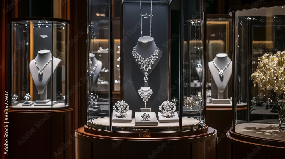 Fototapeta premium A luxurious diamond shop showcasing sparkling diamond rings, necklaces, and earrings displayed in elegant glass cases, with a refined atmosphere and sophisticated lighting