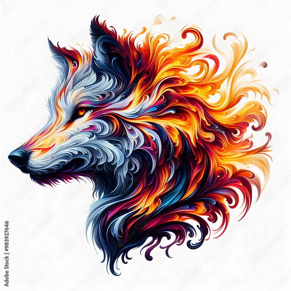 A digital painting of a wolf head in profile view, with vibrant blue and orange swirling flames, creating a striking contrast. The detailed design captures the essence of the wild animal A digital painting of a wolf head in profile view, with vibrant blue and orange swirling flames, creating a striking contrast. The detailed design captures the essence of the wild animal