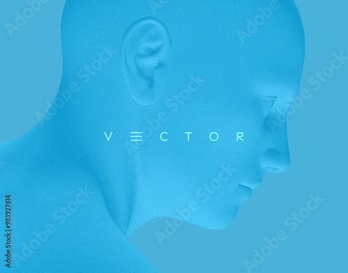 Abstract man head made from dots. Side view of dotted face background. Facial recognition. 3D vector illustration.