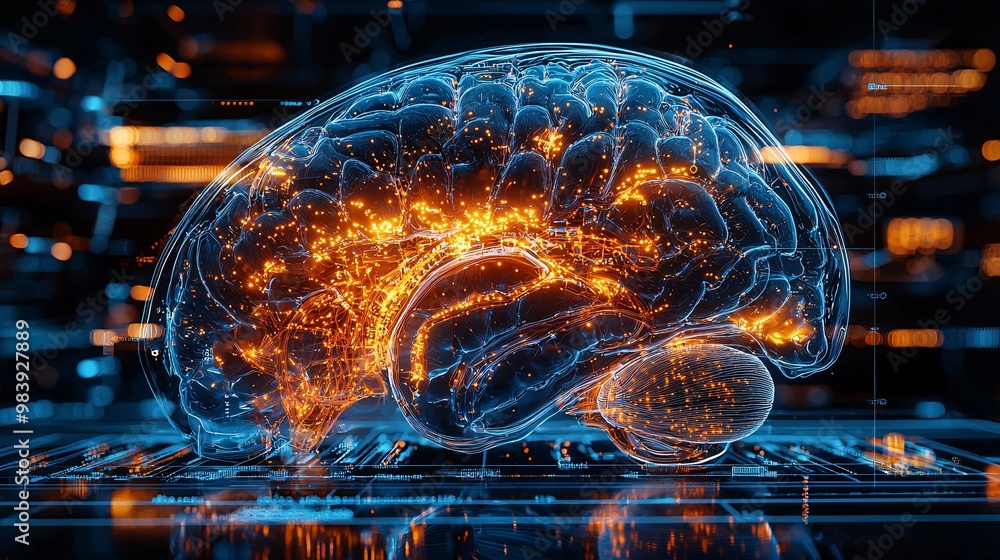 A futuristic cross-section of the brain showing multiple sclerosis ...