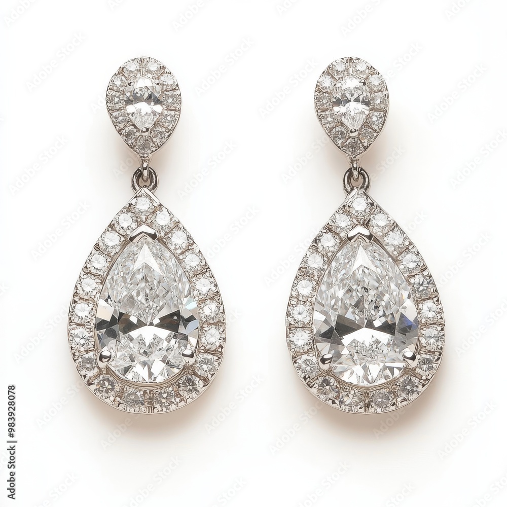 A pair of diamond earrings displayed alone, isolated on a white background for an elegant stock image A pair of diamond earrings displayed alone, isolated on a white background for an elegant stock image