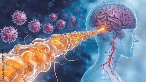 A diagram explaining how nerve signals slow down in the brain due to the damaged myelin sheaths caused by multiple sclerosis photo