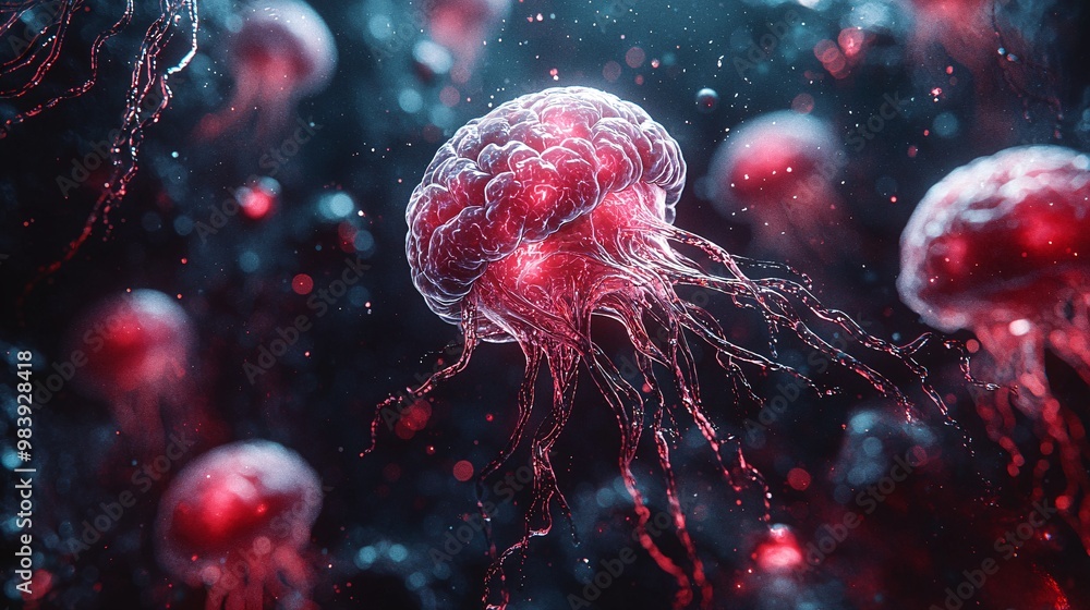 A futuristic illustration showing the breakdown of the blood-brain barrier in MS patients and its impact on the central nervous system A futuristic illustration showing the breakdown of the blood-brain barrier in MS patients and its impact on the central nervous system
