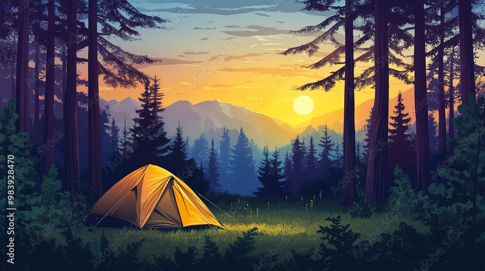 Camping tent in forest at sunset Camping tent in forest at sunset