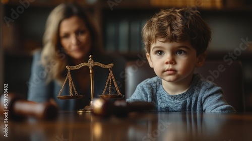 Cute child and mother at table with gavel of judge blurred in background, family law concept