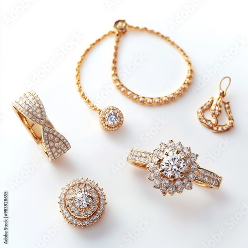 A set of elegant diamond and gold jewelry, including rings, necklaces, and earrings, isolated on a clean white background, perfect for stock photography