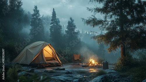 camping in forest with tent and campfires under misty sky