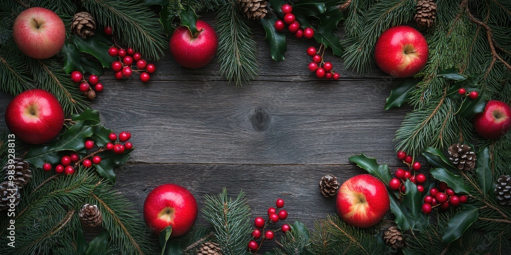 A rustic Christmas arrangement featuring green pine branches red apples A rustic Christmas arrangement featuring green pine branches red apples