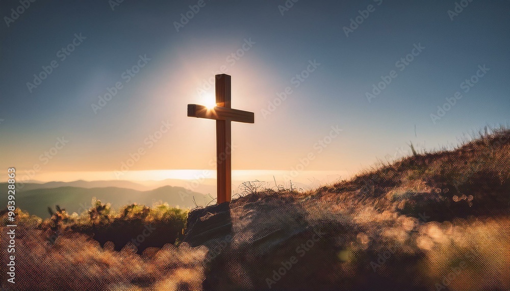 Wooden Cross on a Clear Sky with a Single Sun Ray
A wooden cross on the right side, with a bright clear sky and a single sun ray illuminating the cross, creating a peaceful and hopeful image. Wooden Cross on a Clear Sky with a Single Sun Ray
A wooden cross on the right side, with a bright clear sky and a single sun ray illuminating the cross, creating a peaceful and hopeful image.