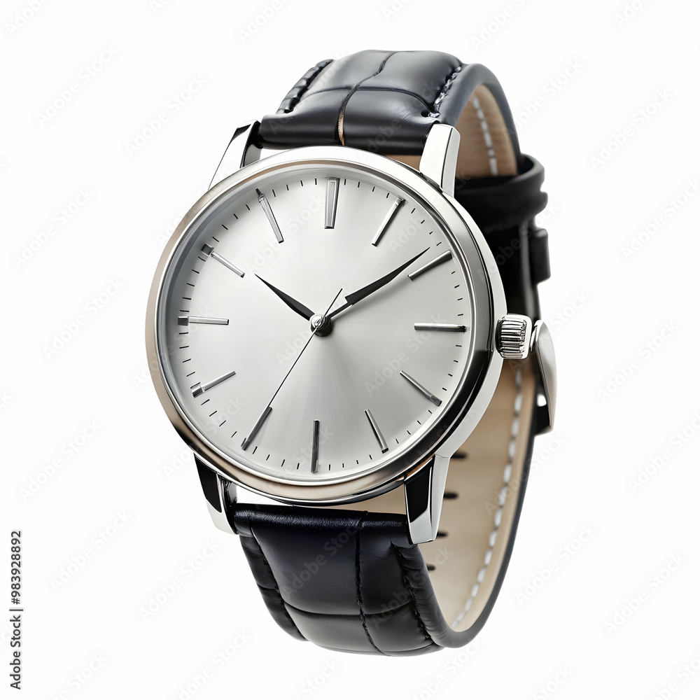 silver watch with black leather band on white background silver watch with black leather band on white background