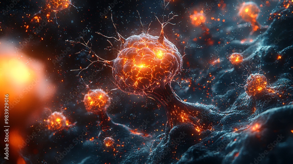 A futuristic AI-generated image of neurons being attacked by the immune system in the brain, visualizing the effects of MS A futuristic AI-generated image of neurons being attacked by the immune system in the brain, visualizing the effects of MS