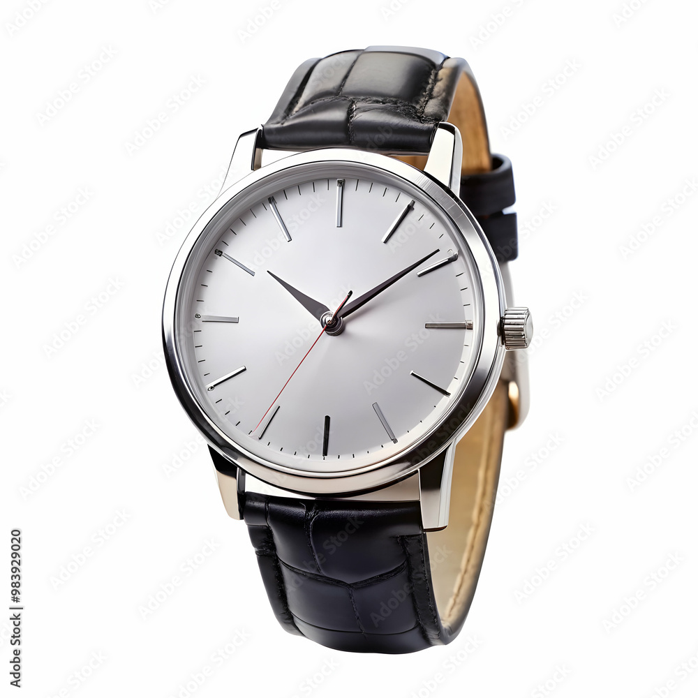 silver watch with black leather band on white background silver watch with black leather band on white background