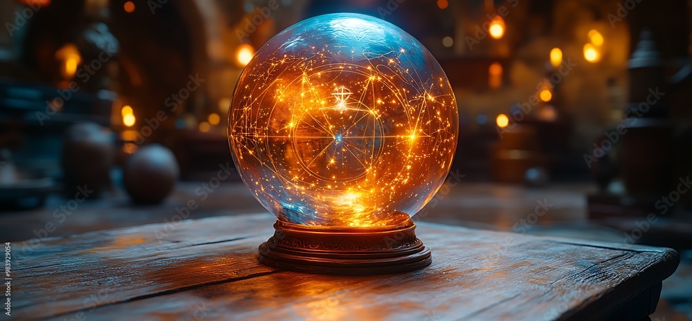Crystal ball with glowing lights inside sits on wooden table. Crystal ball with glowing lights inside sits on wooden table.