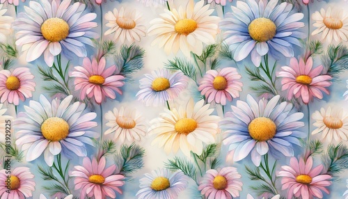 floral seamless pattern, watercolor drawing of pastel colored chamomile flowers. 