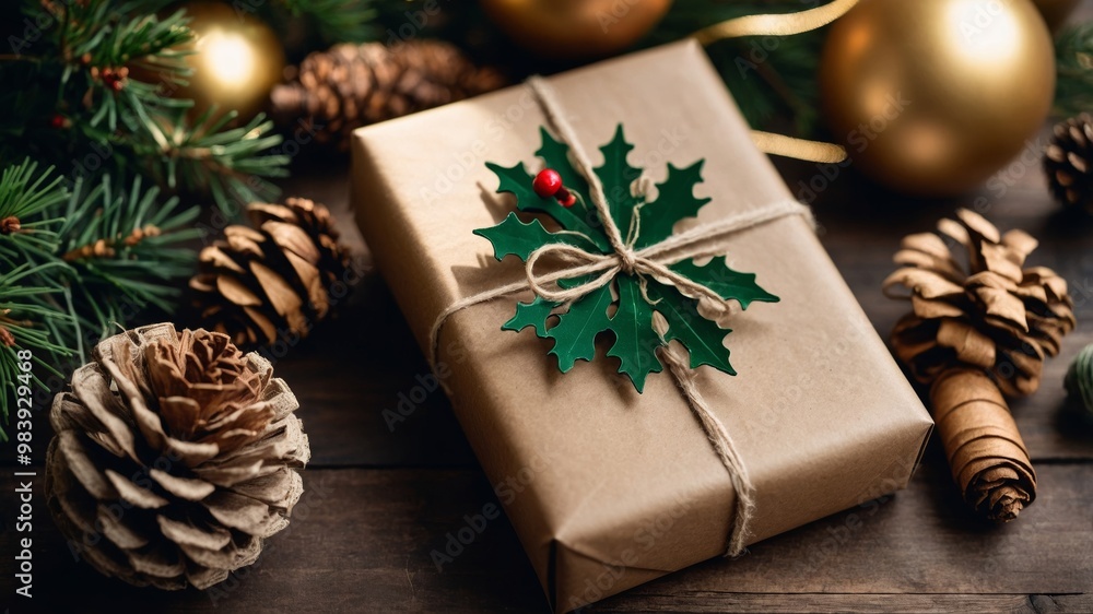 Christmas Gift Wrapped in Brown Paper with Holly Decoration Christmas Gift Wrapped in Brown Paper with Holly Decoration