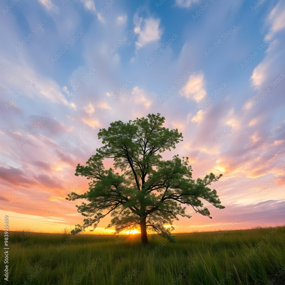 Fototapeta premium Wide angle shot of a single tree growing under a clouded sky during