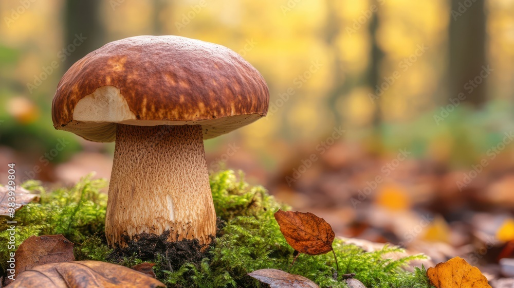 A majestic mushroom stands proud amidst the lush forest floor in autumn's golden light A majestic mushroom stands proud amidst the lush forest floor in autumn's golden light