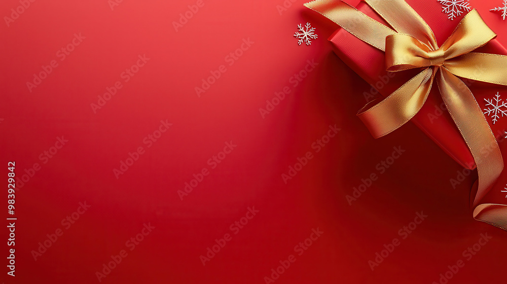Festively wrapped red gift box with a gold ribbon and snowflake accents against a bright red background for holiday celebrations