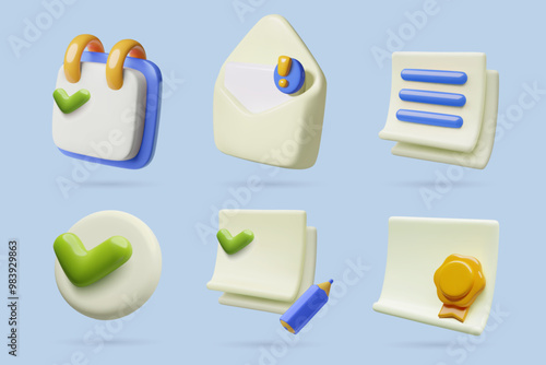 Documents 3d icons collection for office work and business. Checklist, mail, contract, paper sheets with check mark three dimensional vector elements set.