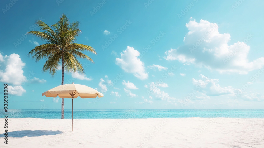 A serene beach scene featuring beach umbrella and palm tree under bright blue sky with fluffy clouds. This tranquil setting invites relaxation and enjoyment of natures beauty A serene beach scene featuring beach umbrella and palm tree under bright blue sky with fluffy clouds. This tranquil setting invites relaxation and enjoyment of natures beauty
