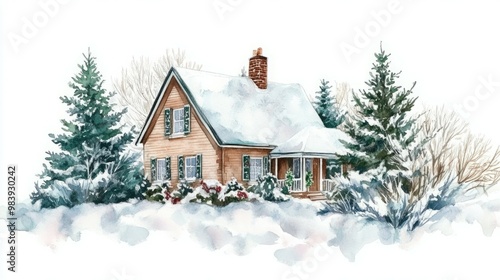 Cozy winter cottage with a snowy roof and surrounded by evergreens.