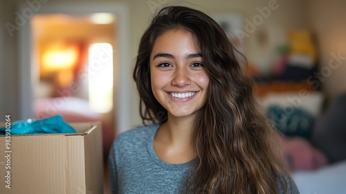 A cheerful young woman smiles while holding a cardboard box in her cozy room, exuding warmth and positivity.