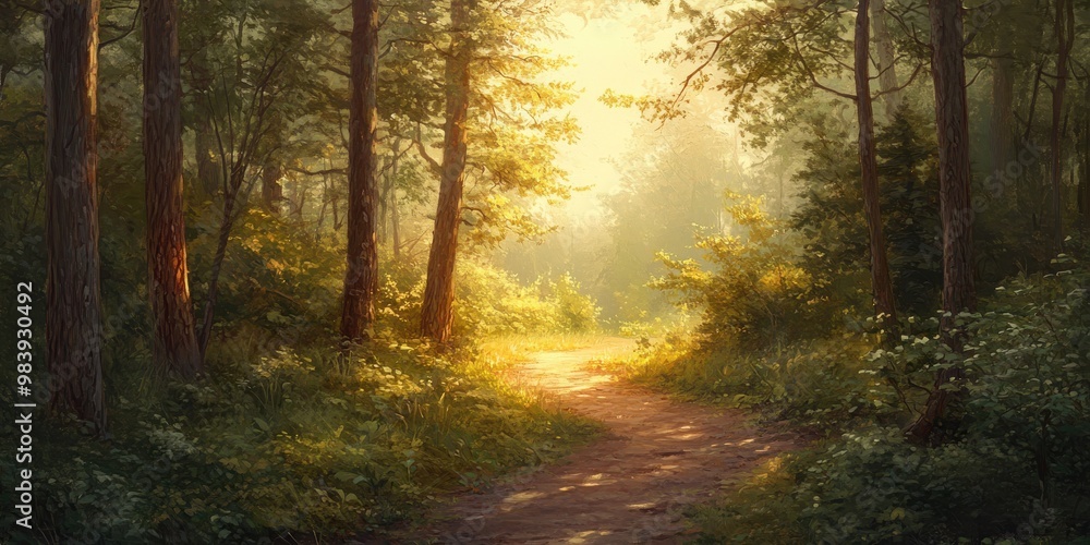 Fototapeta premium A serene, sunlit path in a dense forest, with tall trees and green underbrush,