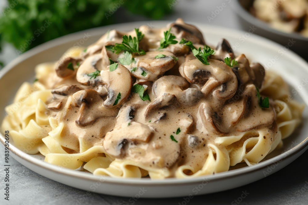 Delicious creamy mushroom sauce atop freshly cooked egg noodles garnished with parsley Delicious creamy mushroom sauce atop freshly cooked egg noodles garnished with parsley