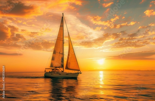 A sailboat glides gracefully across the water at sunset. The orange and yellow hues of the sky create a serene and picturesque scene.