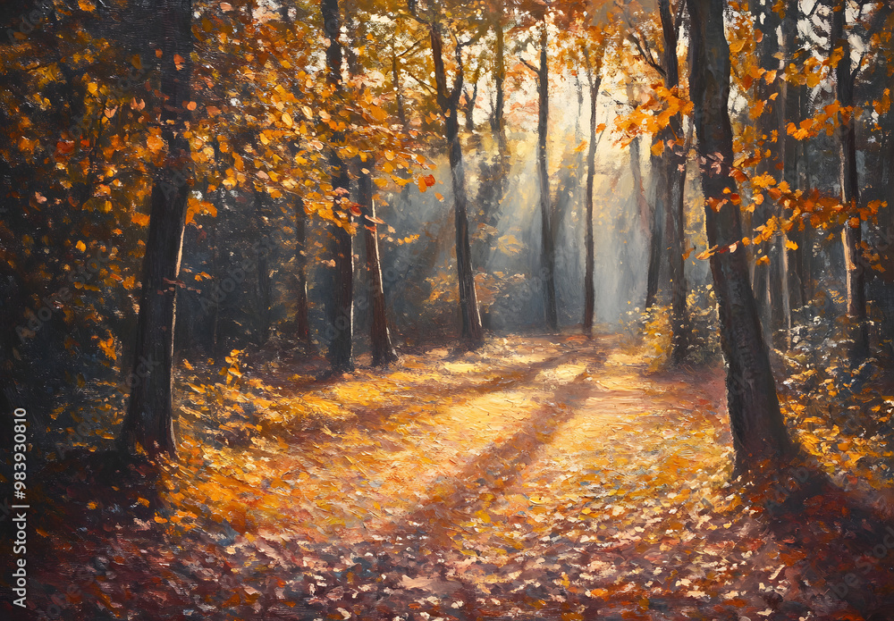 Obraz premium Autumn forest floor, sunlit leaves, warm & serene ambiance.