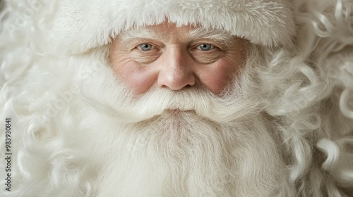 Santa Claus smiles warmly with a white beard and hat.