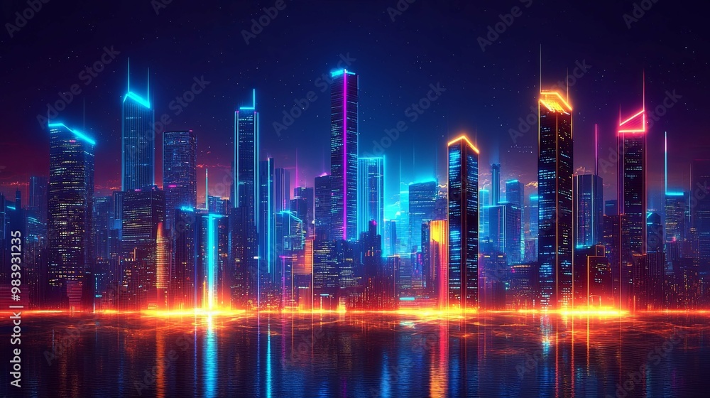 Neon-Lit Skyscrapers Reflecting in a Watery Cityscape at Night Neon-Lit Skyscrapers Reflecting in a Watery Cityscape at Night