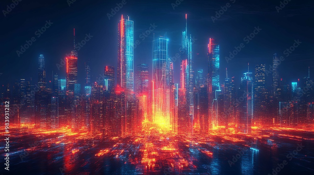 Futuristic Cityscape with Neon Lights and Grid Pattern Futuristic Cityscape with Neon Lights and Grid Pattern