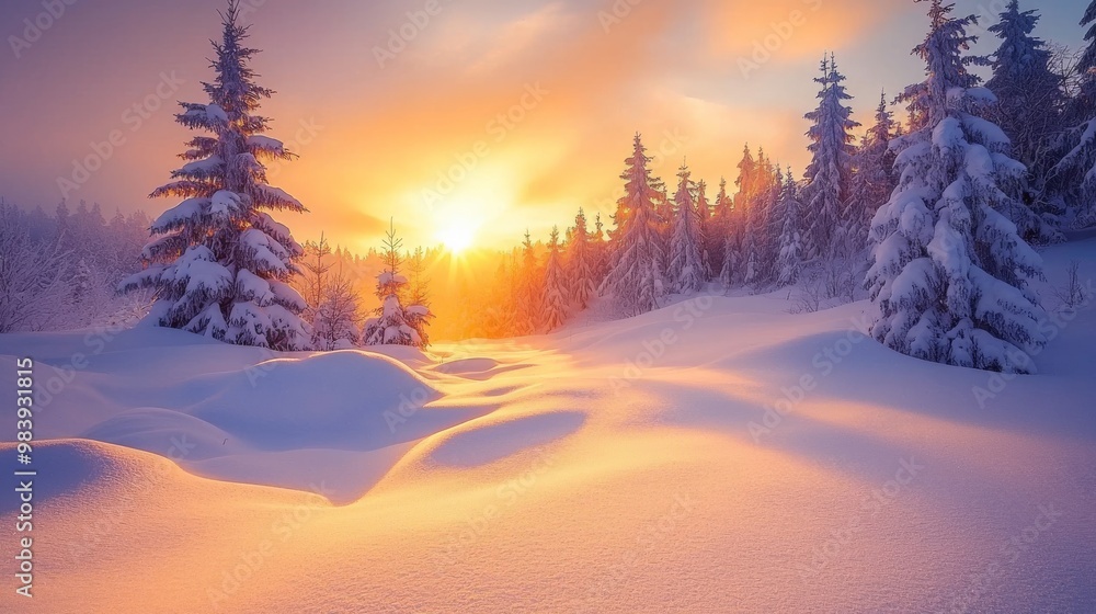 snow-covered landscape with a glowing sunset in the background, trees dusted with snow, warm light reflecting off the snowdrifts, creating a serene and peaceful atmosphere snow-covered landscape with a glowing sunset in the background, trees dusted with snow, warm light reflecting off the snowdrifts, creating a serene and peaceful atmosphere