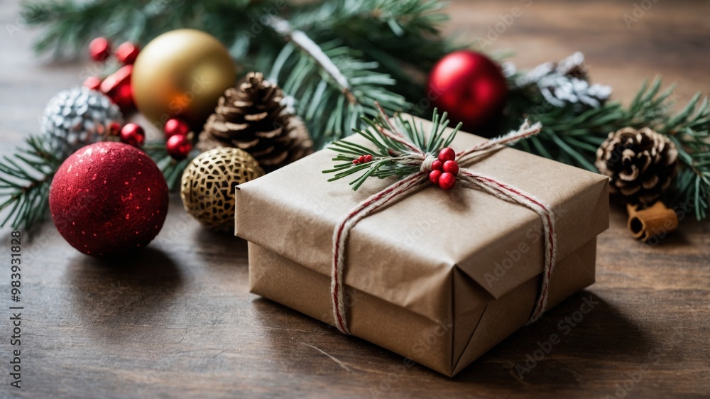 Christmas Gift Wrapped in Brown Paper with Pine Sprig Christmas Gift Wrapped in Brown Paper with Pine Sprig