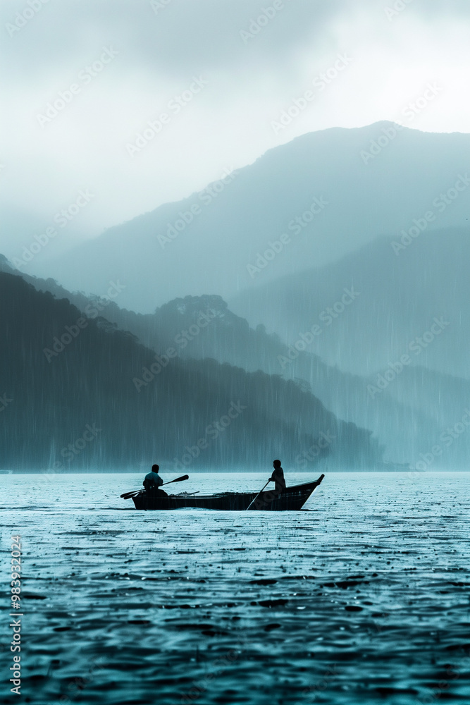 fishermen in a boat catching fish in the sea in the rain with mountains in the background fishermen in a boat catching fish in the sea in the rain with mountains in the background