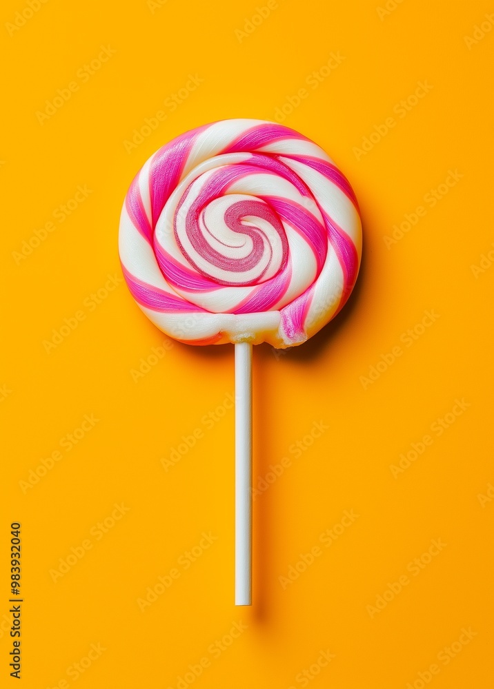 Pink and white lollipop on an orange background Pink and white lollipop on an orange background