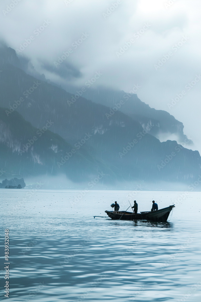 Fishermen in a boat catching fish in the sea in the rain against the backdrop of mountains. photo in dark tones Fishermen in a boat catching fish in the sea in the rain against the backdrop of mountains. photo in dark tones