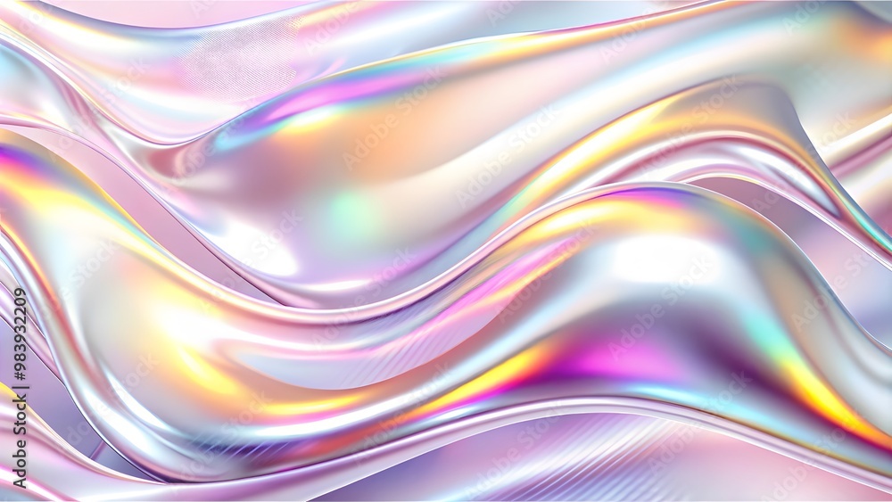 Fototapeta premium Silver holographic foil. Abstract chrome waves background. Hologram texture. Premium quality. Modern design. abstract 3d wave background