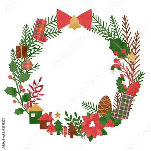 豪華な装飾のクリスマスリース　手書き風