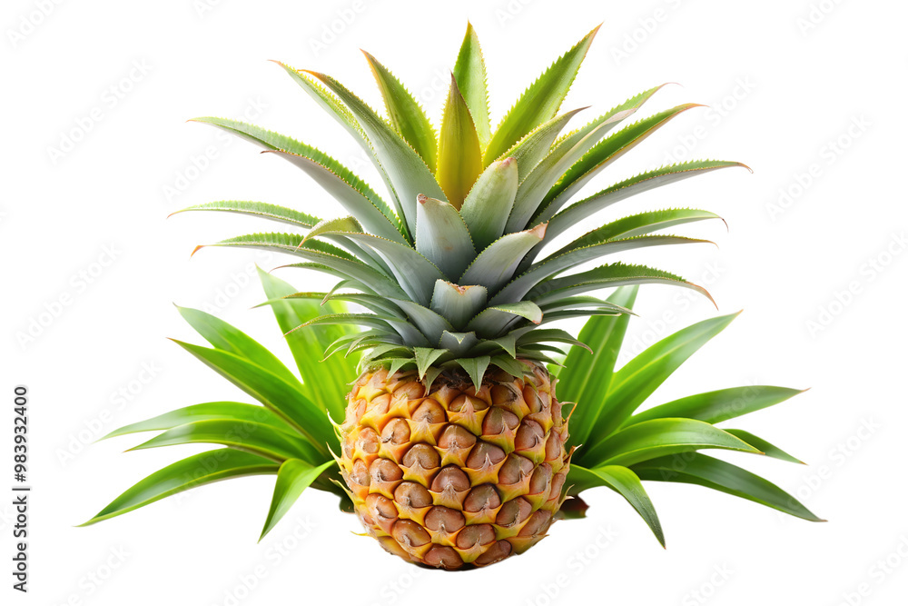 Whole pineapple with green leaves and ripe yellow fruit isolated on transparent background Whole pineapple with green leaves and ripe yellow fruit isolated on transparent background