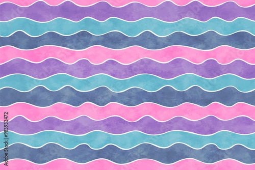Seamless pattern with color wavy stripes and white lines with watercolor texture. Summer abstract background with cute blue, pink and purple watercolor wavy strips, vector illustration