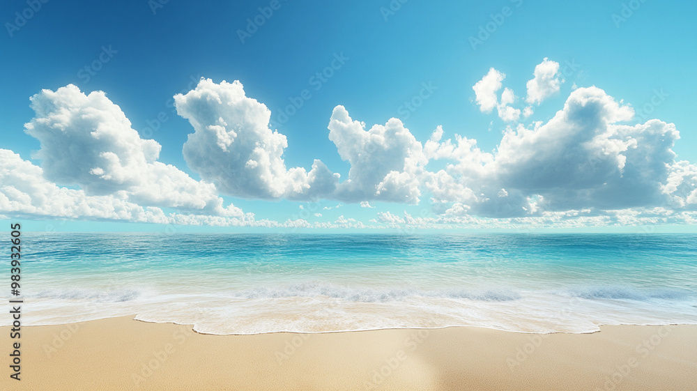 serene beach scene featuring beautiful white clouds in blue sky over tranquil ocean. gentle waves lap against sandy shore, creating peaceful atmosphere serene beach scene featuring beautiful white clouds in blue sky over tranquil ocean. gentle waves lap against sandy shore, creating peaceful atmosphere