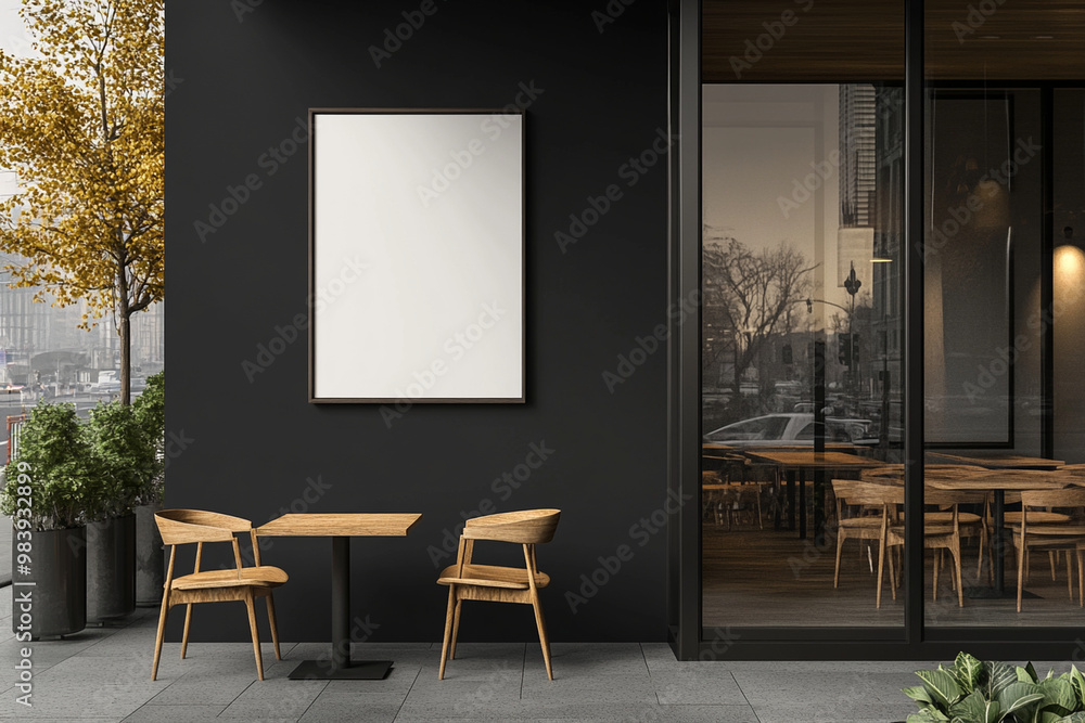 Modern black coffee shop exterior features minimalist design with wooden furniture and large glass windows. inviting atmosphere is perfect for relaxation and socializing Modern black coffee shop exterior features minimalist design with wooden furniture and large glass windows. inviting atmosphere is perfect for relaxation and socializing