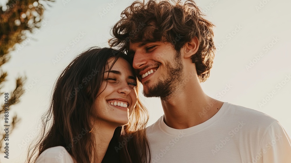 Portrait of a happy couple sharing a joyful and intimate moment, standing together with smiles on their faces. The clean background emphasizes the simplicity and purity of their connection Portrait of a happy couple sharing a joyful and intimate moment, standing together with smiles on their faces. The clean background emphasizes the simplicity and purity of their connection