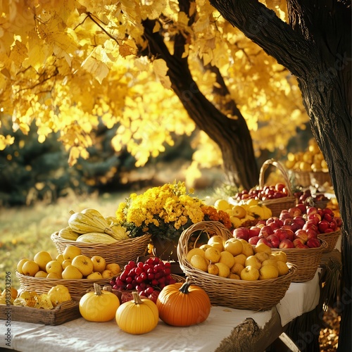 A Thanksgiving table set outdoors under golden trees, with baskets of apples and squash as the centerpiece, [Thanksgiving], [har